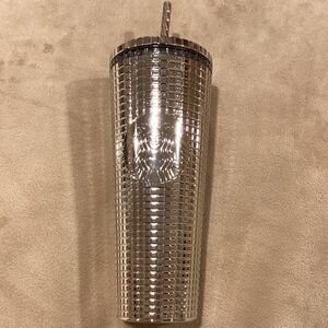 Starbucks 2023 Holiday Silver Chrome Grid‎ Tumbler 24oz Venti Size